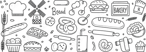 Hand Drawn Bakery and Bread Icons Collection with Chef Hat and Mill Keywords: bakery, bread, croissant, pretzel, cupcake, burger