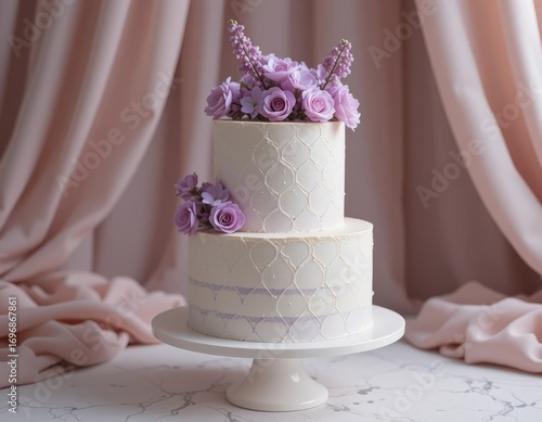 Elegant two-tier white cake adorned with delicate purple floral decorations and a soft pink draped background.