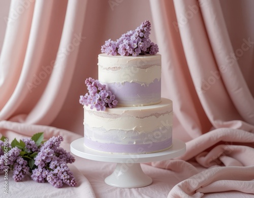Elegant two-tier cake adorned with delicate purple flowers, perfect for celebrations.