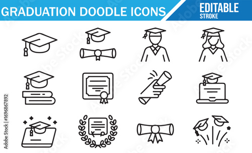 Vector outline icons pack of academic success and ceremony elements