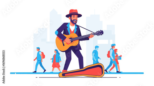 Street Musician's Melody: A busker strums a vibrant tune on his guitar, his music resonating amidst a bustling cityscape, inviting people to experience his music and enjoy his performance.