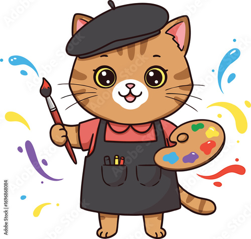 Adorable cartoon cat artist holding palette and brush with paint splatters and cute expression