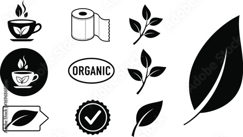Collection of organic and eco-friendly icons featuring leaves, tea cup, and certification symbols