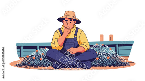 Fisherman and His Net: An illustration showcasing a fisherman deep in thought, meticulously repairing his fishing net, capturing the dedication and skill of this maritime profession.