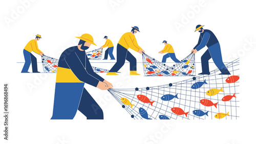 Fishing Harvest Illustration: A vibrant illustration depicts fishermen hauling in a bountiful net, brimming with colorful fish, showcasing the age-old practice of a successful fishing harvest.