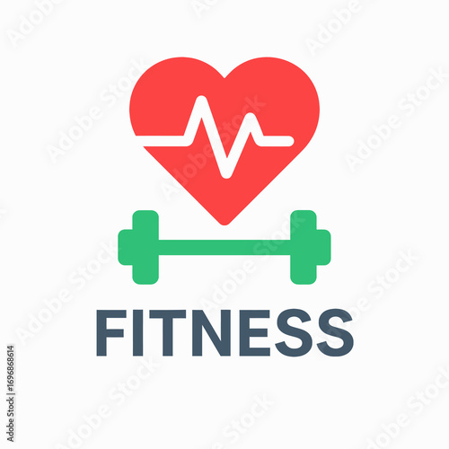 Flat Vector Illustration of Fitness Icon with Heartbeat and Dumbbell