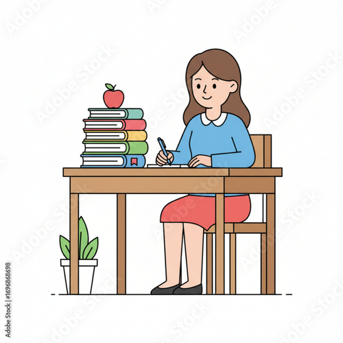 A teacher is sitting at a desk, writing with a pen, with a stack of books and an apple beside her.