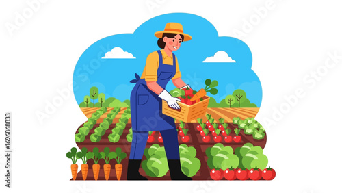 Harvest's Embrace: Depicting a moment of a day, A farmer gathering fresh produce under the radiant sun, celebrating the season's bounty and the connection to nature. 