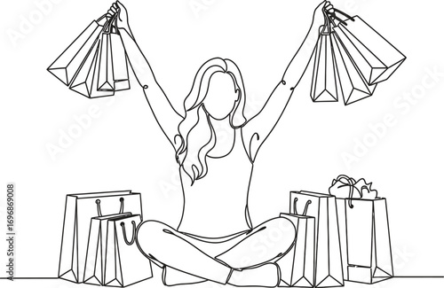 Woman shopping spree continuous line drawing with shopping bags
