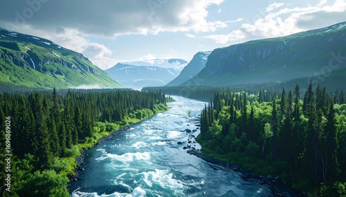 A realistic photograph of a hidden lush valley behind the icy wall of the North Pole, filled with rivers, forests, and untouched nature, ultra-detailed, cinematic lighting.