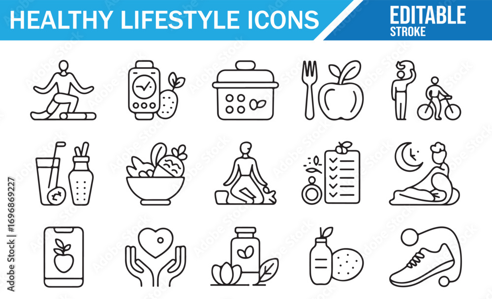 Fototapeta premium Vector outline icons set of food, exercise, and mindfulness habits