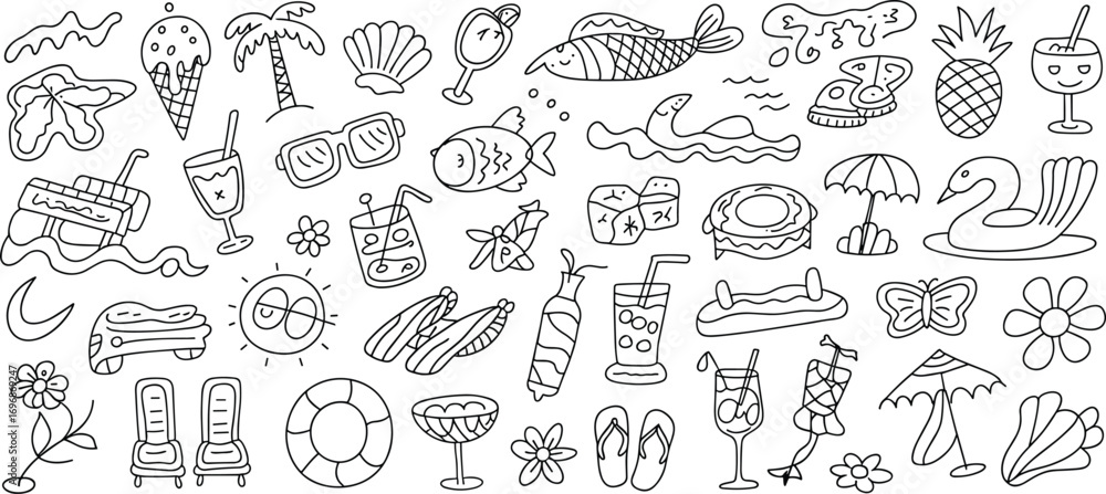 Obraz premium Summer vacation doodle icons and elements in black and white beach travel