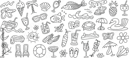 Summer vacation doodle icons and elements in black and white beach travel