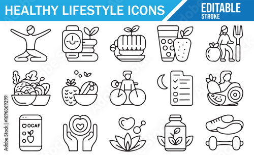 Editable stroke collection of diet, heart, and fitness lifestyle