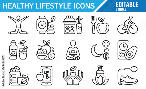 Editable stroke vector icons of nutrition, sport, and mindfulness