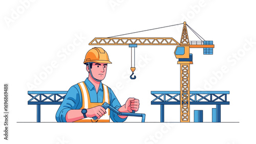 Construction Foreman at Work: A determined construction worker, clad in a protective hard hat and overalls, diligently uses tools near a towering crane, embodying skill, dedication.