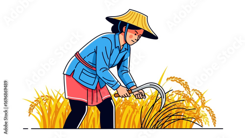 Harvesting Rice: A farmer gracefully wields a sickle, reaping a golden harvest of ripe rice, symbolizing the essence of rural life and the bounty of the earth.