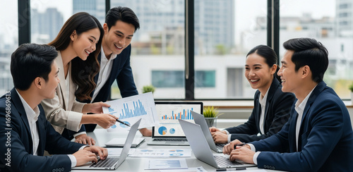 Young Asian business team working with laptops on financial documents with happy smiles. Group of business people meeting in a modern office Design and Concept Planning