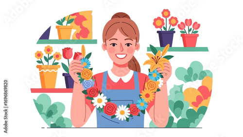 Joyful Florist with Floral Creation: A smiling florist, adorned in an apron, showcases a beautiful floral creation, a vivid testament to creativity and the splendor of nature.