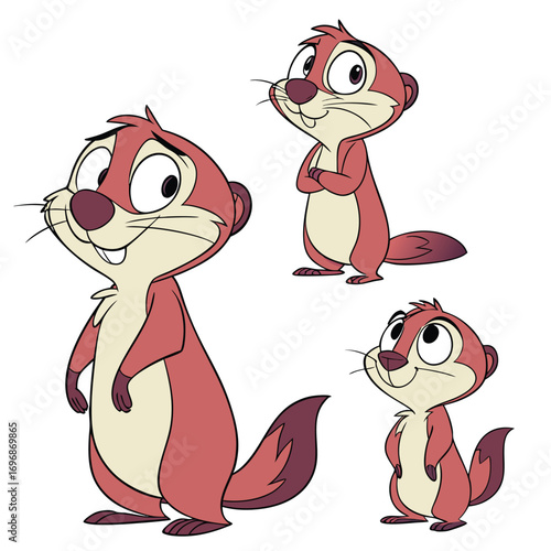 Three Cartoon Meerkats in Different Poses on White Background animal character