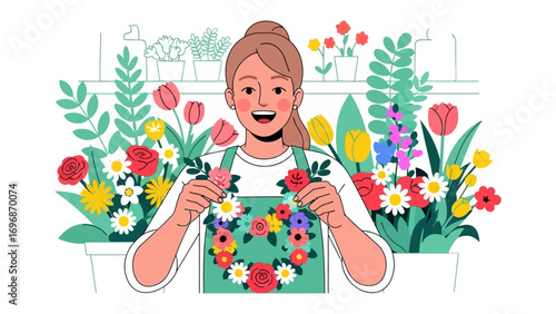 Blooming artistry: A young woman, brimming with passion, is surrounded by colorful blossoms as she delicately crafts a floral masterpiece, embodying creativity and springtime's vibrancy.