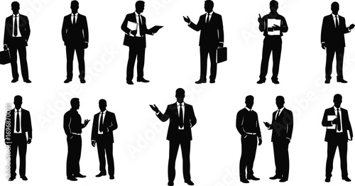 Silhouette vector set of businessmen in suits performing various actions, symbolizing corporate behavior, workplace interaction, and professional themes.