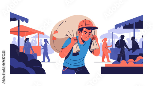 Burdens and Hustle at the Market: A determined figure shoulders a heavy sack at a bustling marketplace, navigating the lively scene amidst vendors and shoppers
