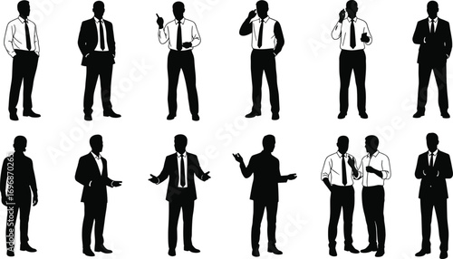 Silhouette vector set of businessmen in suits showing various gestures and poses for corporate, communication, and professional themes.