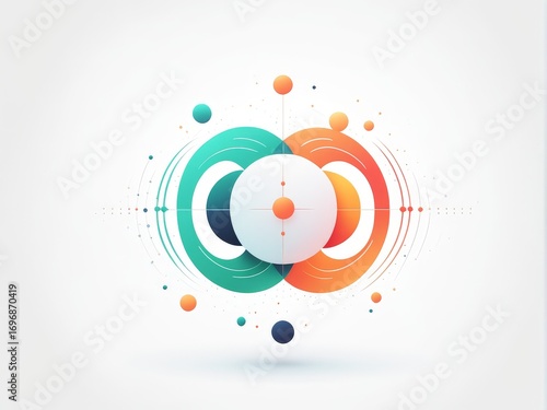 A modern geometric design with concentric circles and spheres in teal, orange, white, green, black, and blue