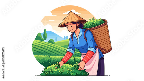 Tea Picker: A tea picker, in a traditional hat, diligently gathers tea leaves from verdant fields, a serene representation of labor.