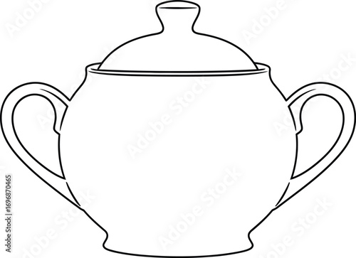 Simple white sugar bowl with lid and handles, clean line art illustration