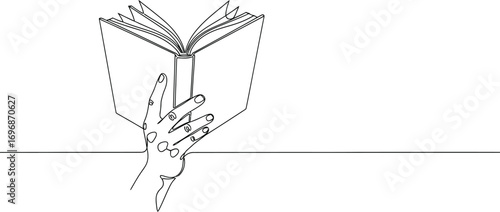 Continuous line drawing of hand holding open book education