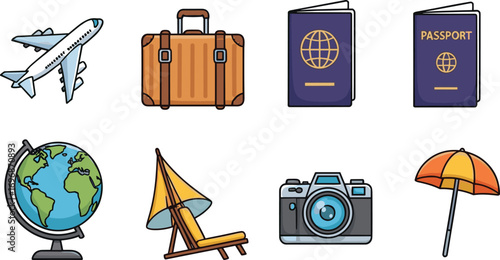 Travel essentials set including airplane, suitcase, passports, globe, beach chair, camera, and umbrella for perfect vacation and adventure 