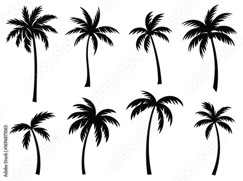 Collection of Palm Tree Silhouettes in Varying Styles and Shapes on a White Background