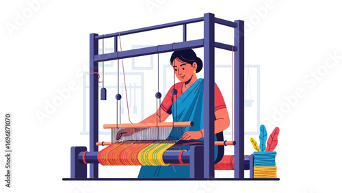 Artisan Weaver at Work: A skilled artisan weaves with focused precision on a traditional loom, creating intricate textile, showcasing the beauty of handcrafted work and cultural heritage.