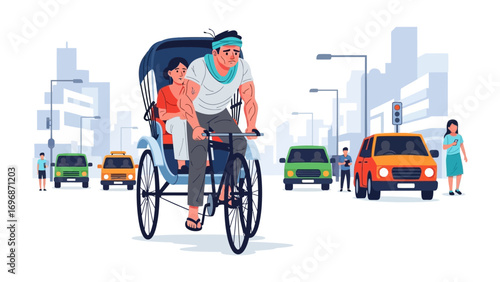 Rickshaw Ride through the City: Witness a vibrant scene of a rickshaw navigating through a bustling city, carrying passengers amidst the dynamic urban landscape.
