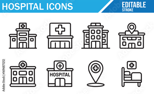 Editable stroke outline icons of hospital and medical structures