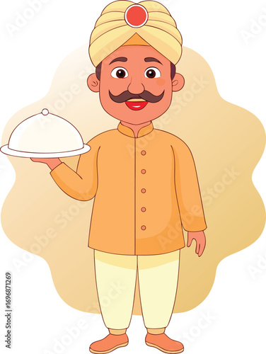 Cartoon man in turban holding serving cloche food
