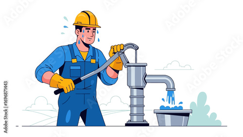 Man using Water Pump: A hardworking man, clad in protective gear, uses a hand pump to draw water, illustrating the importance of water resources and the effort required to access them.