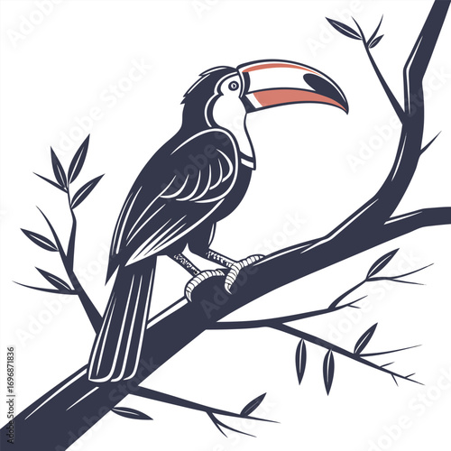 Toucan with Coral Beak Perched on a Branch with Leaves bird