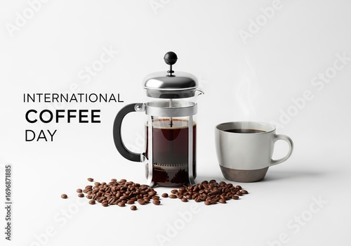 French press and cup of coffee isolated on white background for international coffee day