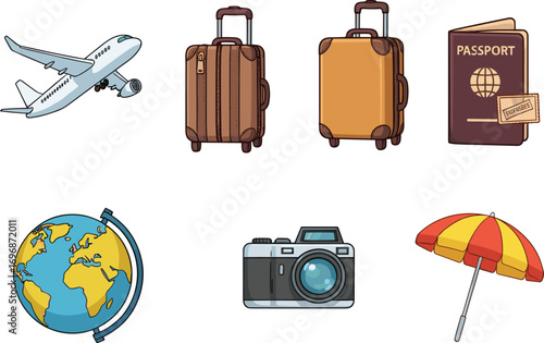 Travel icons set with airplane, luggage, passport, globe, camera, umbrella, vacation essentials, tourism illustration, perfect for trip design.