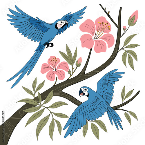 Two Blue Macaws on a Branch with Pink Hibiscus and Green Leaves parrot bird