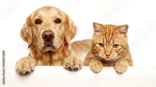 Golden Retriever and Tabby Cat Peeking Over White Surface - A golden retriever dog and an orange tabby cat look curiously at the camera, their paws resting on a white surface.