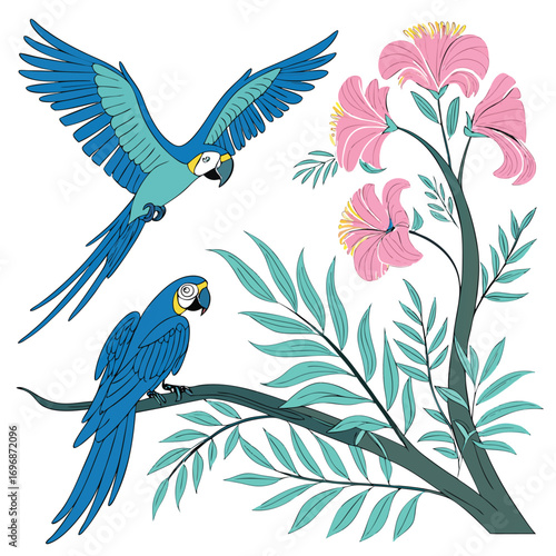 Two Blue Macaws and a Branch with Pink Flowers and Teal Leaves parrot tropical bird