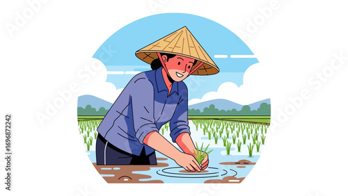 A farmer planting rice in rice field: An illustration captures a dedicated farmer diligently planting rice seedlings in a flooded paddy field, showcasing traditional farming methods.