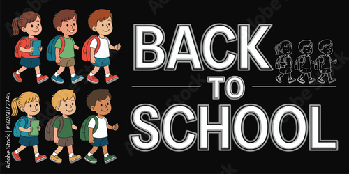 Back to school cartoon illustration, children walking, kids with backpacks, education vector, colorful students, classroom return, learning journey design