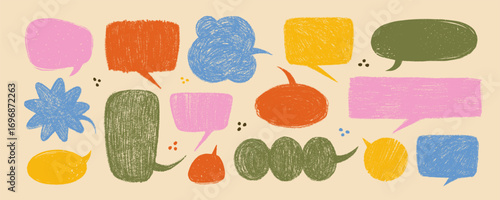Crayon speech bubble set with textured hand drawn shapes in vintage colors on...