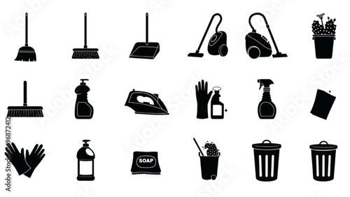 Cleaning Supplies Icons – Black Silhouette Household Cleaning Vector Set