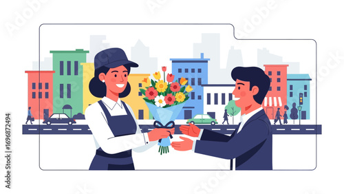 A Floral Gift: A thoughtful gesture of a delivery person handing a beautiful bouquet to a cheerful man, set against an urban backdrop of buildings, conveying the warmth of floral gifting.